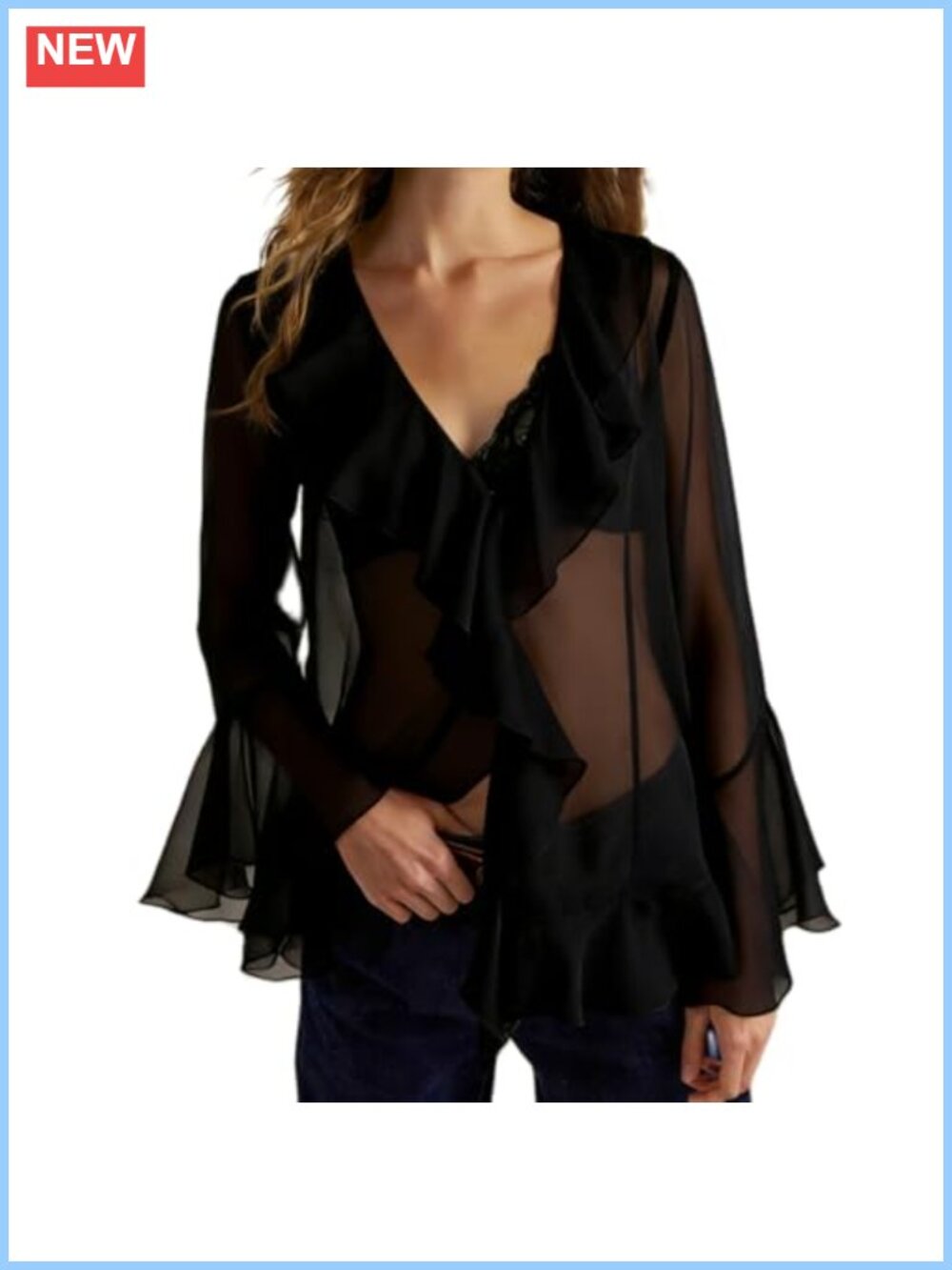 Sheer Chiffon Bell Sleeve Ruffle Blouse V-Neck Flowy Tunic Top